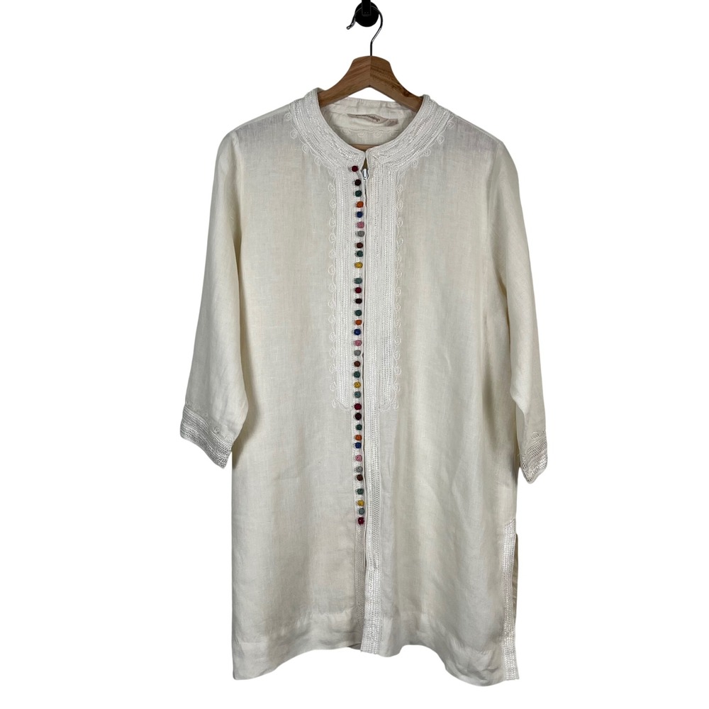 Soft Surroundings White 100% Linen Tunic Top Multi Color Frog Buttons Large